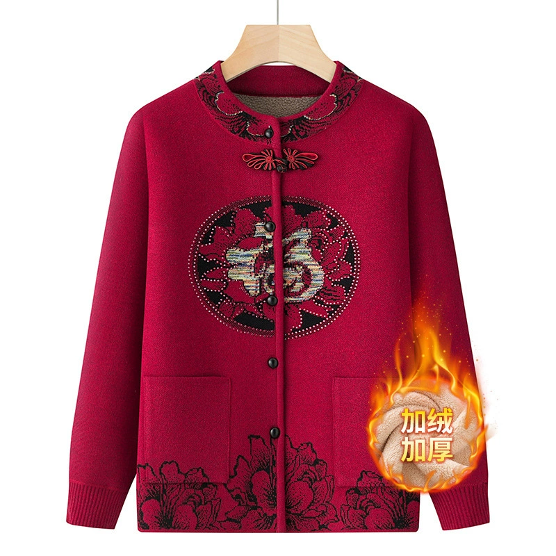 Люди среднего и пожилого возраста осенние трикотажные куртки бабушки весной и осенью плюс бархатный топ мама Тан одеваются свекровь свитер кардиган