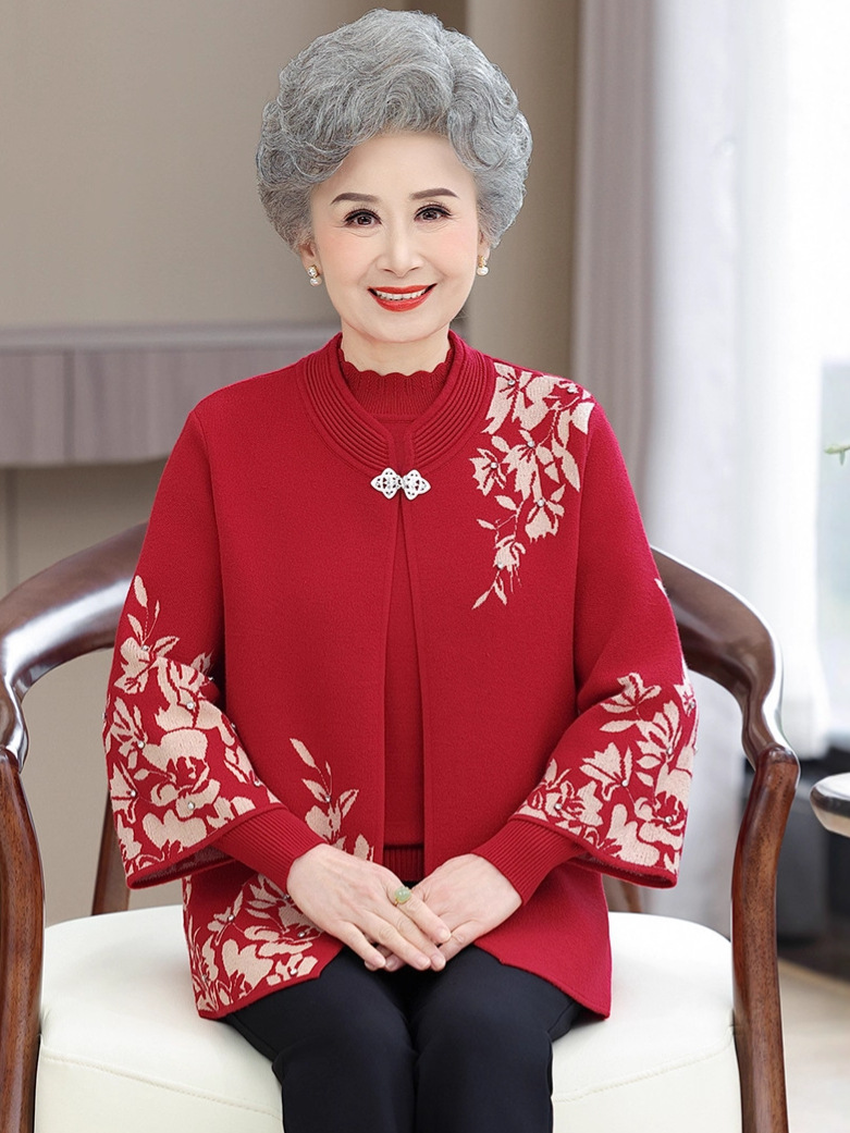 Mom's Spring & Fall Wedding Banquet Cardigan Grandma's Birthday Tang Suit Jacket Middle-Aged and Elderly Women's Winter Knitted Two-Piece Set