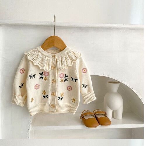 Spring versatile girls' children floral embroidered lotus leaf collar knit long-sleeved open jacket children's clothing
