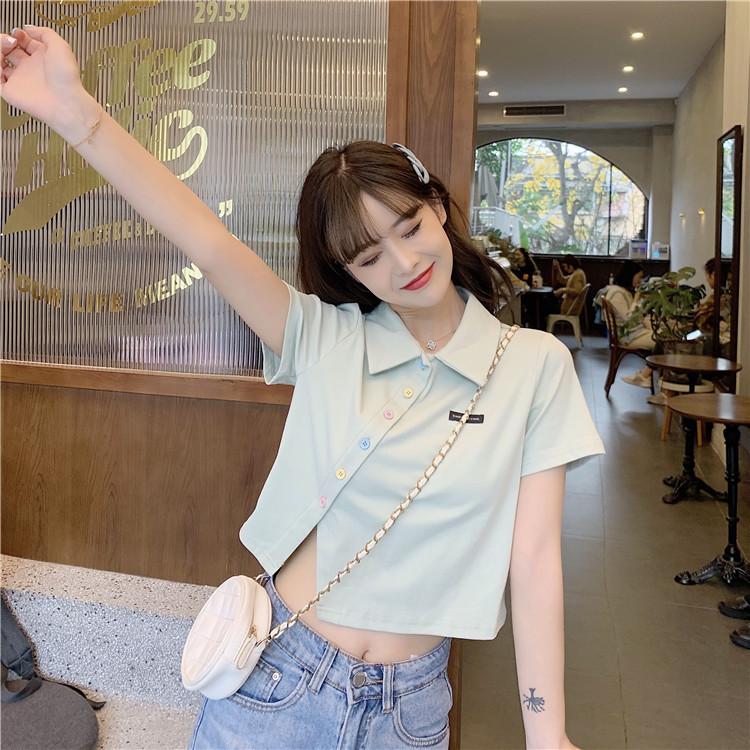 Women's T-shirt Short Sleeve T-Shirts Patchwork Button Simple Style Solid Color display picture 48