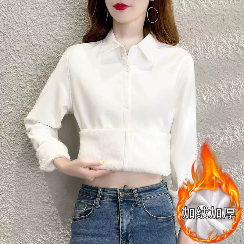 Плюшевая толстая белая рубашка с длинными рукавами для женщин осень-зима