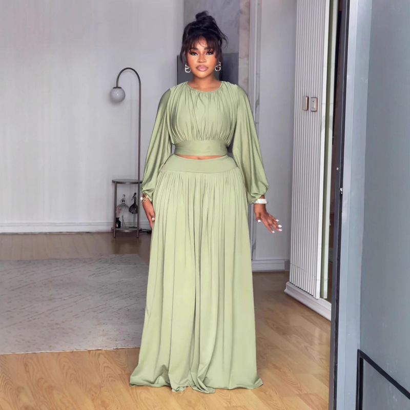 European and American Amazon Cross-Border Foreign Trade 2026 Spring New Style Round Neck Long-Sleeved Top Elastic Waist Large Hem Skirt Set