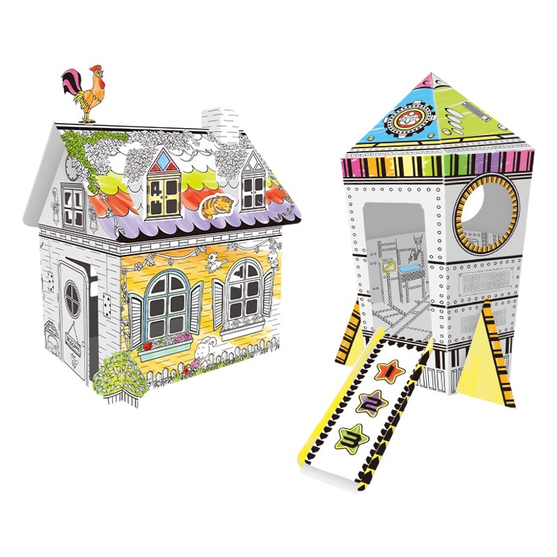 Juguete de cartón de montaje de graffiti de bricolaje para niños 3D pintura de la casa de papel tridimensional se puede pintar en color castillo espacio casa de cohetes