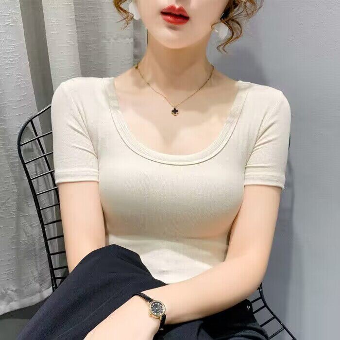 Ribbed Cotton U-Neck Short-Sleeve T-Shirt for Women, Slim Fit Top, New Summer Style, Round Neck, Solid Color, Stretchy Half-Sleeve Base Shirt Ribbed Cotton U-Neck Short-Sleeve T-Shirt for Women, Slim Fit Top, New Summer Style, Round Neck, Solid Color, Stretchy Half-Sleeve Base Shirt