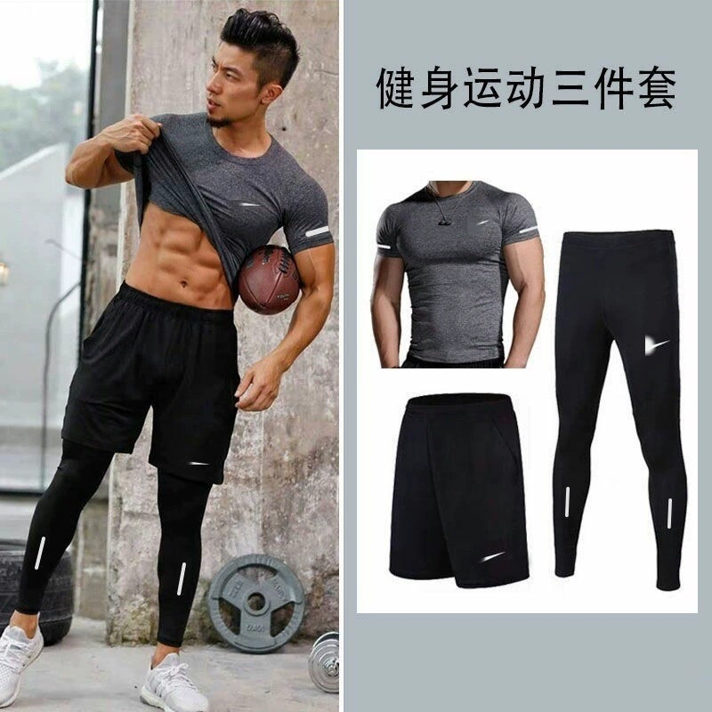 Одежда для фитнеса, спортивный костюм с короткими рукавами для бега, быстросохнущая плотная футболка, мужская тренировочная одежда, эластичный костюм из трех предметов с короткими рукавами для фитнеса