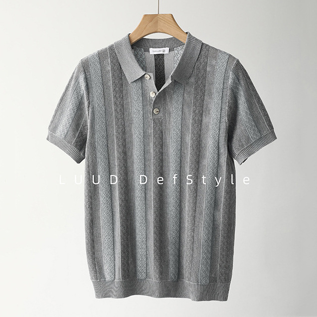 Polo camiseta de punto camiseta de manga corta camiseta de hombre solapa rayas huecas viejos vientos de alto nivel de verano fábrica transfronteriza al por mayor