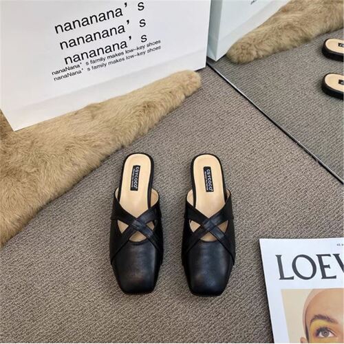 French style bow head sandals women's retro versatile square head Korean version cross belt shallow mouth back empty bow head half drag 