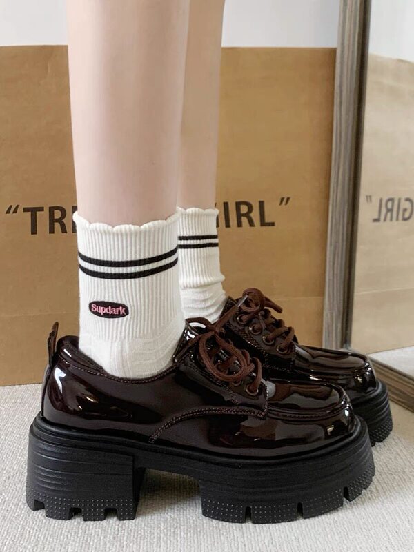 Black and Brown Thick-Soled Loafers, Height-Increasing Leather Shoes for Women, Platform Lace-Up Shoes, British Style, Round-Toe, Retro Jk Single Shoes