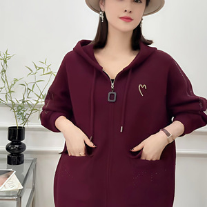大码休闲毛呢外套女2025秋冬款中年妈妈时尚洋气连帽开衫长袖大衣，女装毛呢外套，妃慕昵服饰