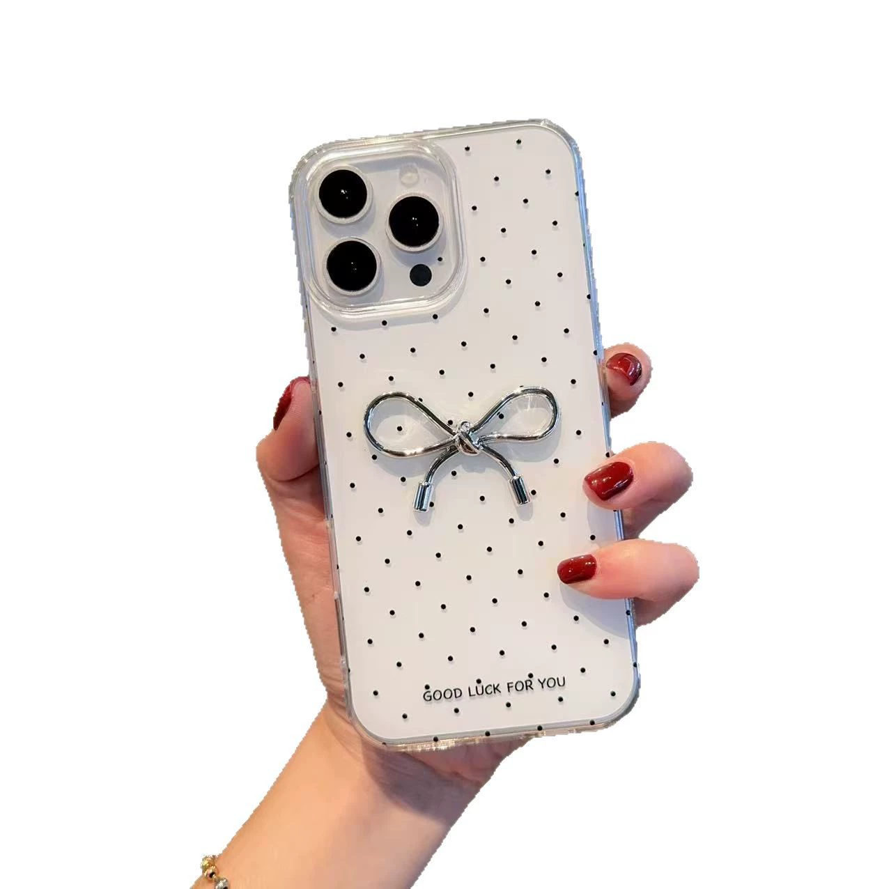 Чехол для телефона (Apple iPhone 17 серия) IMD белый в горошек с 3D бантом — для 11–17 Pro Max