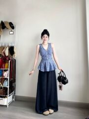 套装女2025夏季新款纯欲风辣妹无袖衬衫上衣高腰牛仔阔腿裤两件套