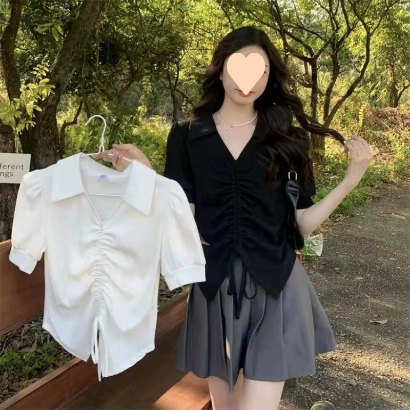 Женская летняя дизайнерская нишевая рубашка больших размеров с воротником на шнурке в стиле ретро, ​​универсальный модный топ для похудения