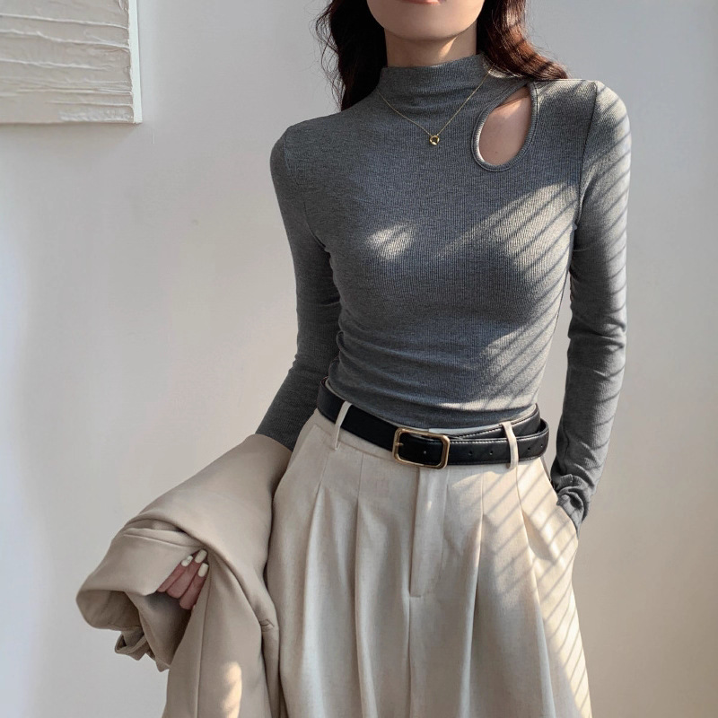Half Turtleneck Bottoming Shirt for Women, Autumn and Winter 2025 New Style Knitted Cut Out Long-Sleeved Slim-Fitting High-End Top
