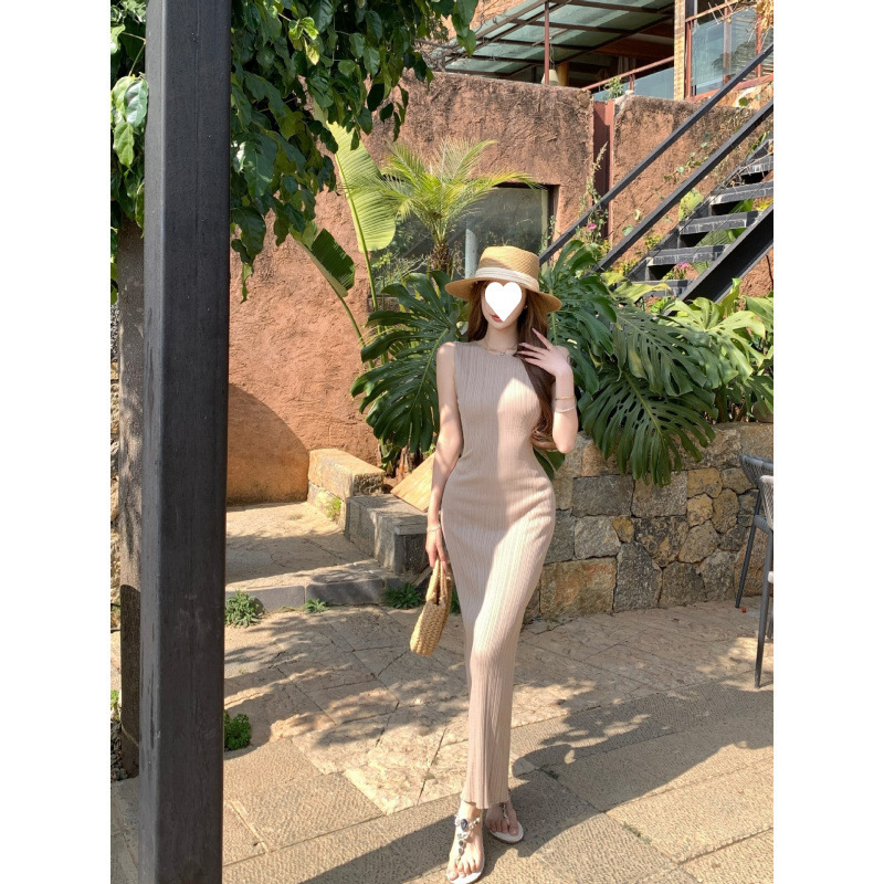 度假风无袖针织背心裙女夏季 坑条收腰修身显瘦包臀连衣裙长裙|undefined