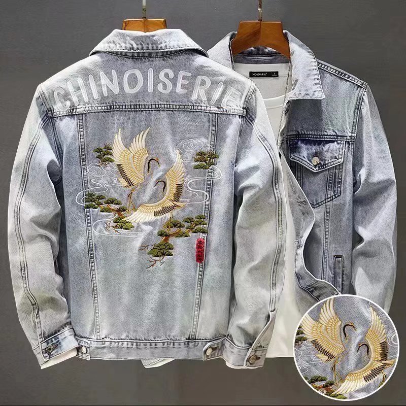 Chinese style fashionable brand embroidered Denim coat men's spring new national fashionable printed slim stretch jacket all-matching top