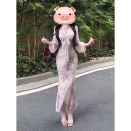 【原版两件套】茶歇温柔风浅紫色v领碎花连衣裙漂亮包臀长裙2026