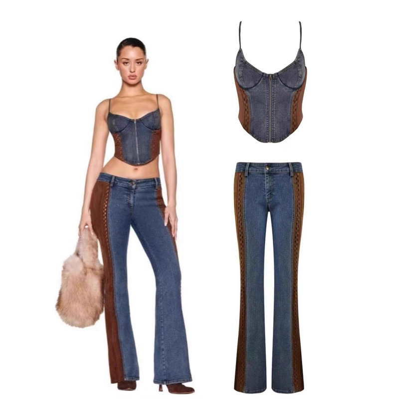 I.Am.Gia Fashion Contrast Color Denim Leather Patchwork Zipper Corset Bell Bottoms Set