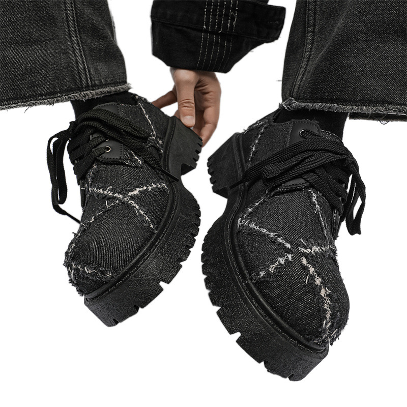 Baskets ShoeVault pour homme, collection automne, en toile noire délavée, semelle épaisse rehaussante, style derby décontracté._voghion.com