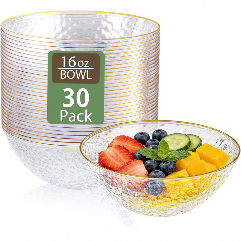 16OZ disposable plastic stone-patterned gold-rimmed large salad bowl, textured transparent gold-rimmed bowl, party tableware, cross-border 16OZ disposable plastic stone-patterned gold-rimmed large salad bowl, textured transparent gold-rimmed bowl, party tableware, cross-border