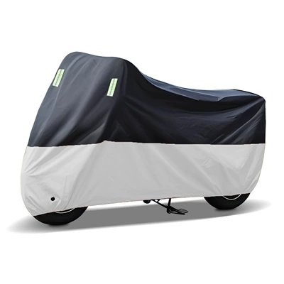 Car clothing — Motorcycle Rain and Dust Cover - no-190t-m-black-upper-and-lower-silver-splicing-with-green-reflective-strips