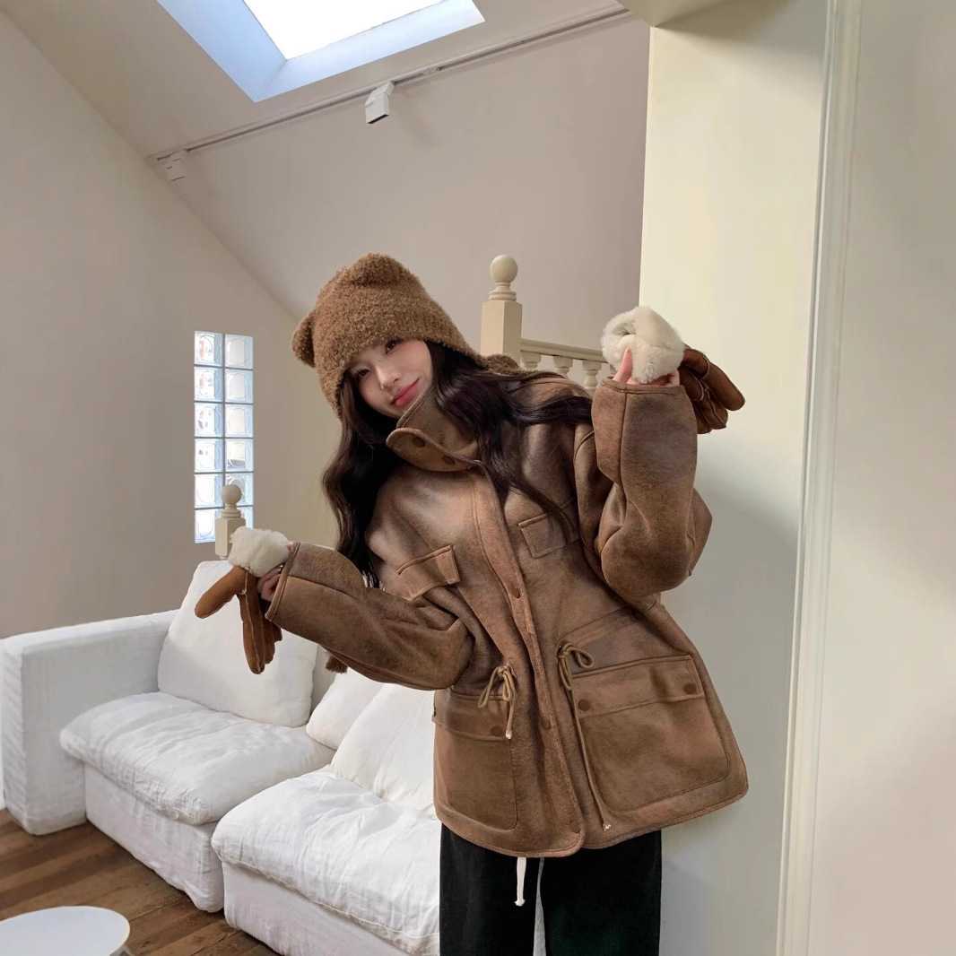 Lamb wool suede double-sided thick coat women's winter 2024 new American style retro loose distressed motorcycle clothes