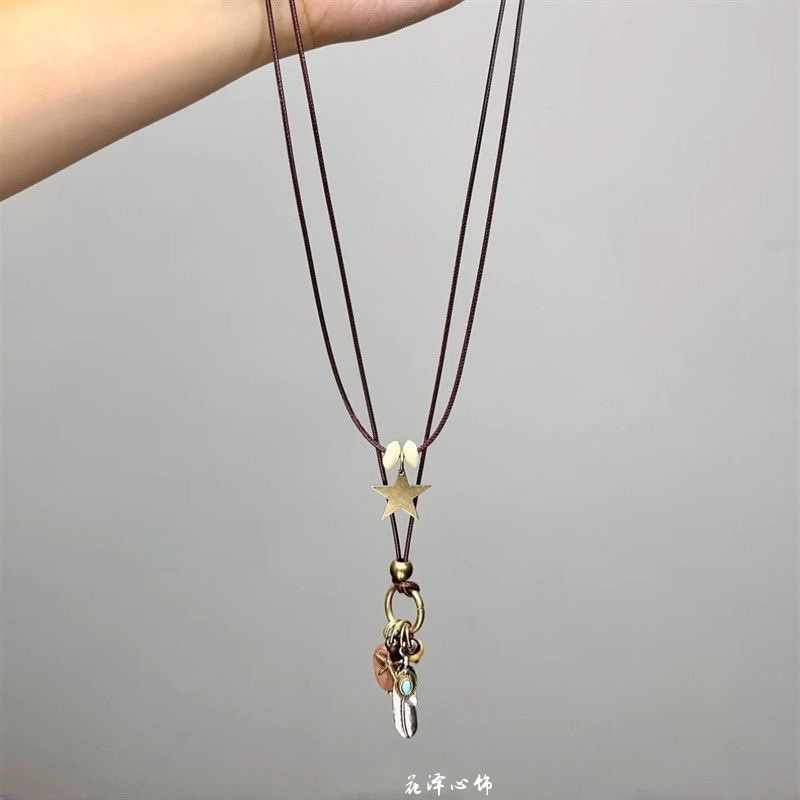 民族风彩色爱心串珠项链女小众高级感棕色编绳长款双层锁骨毛衣链|undefined