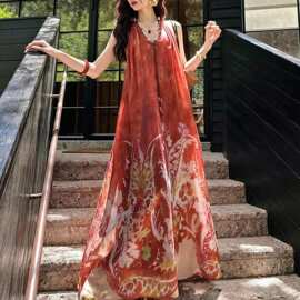 做货中【妩媚生】波西米亚挂脖印花无袖大摆长裙海边度假飘逸长裙