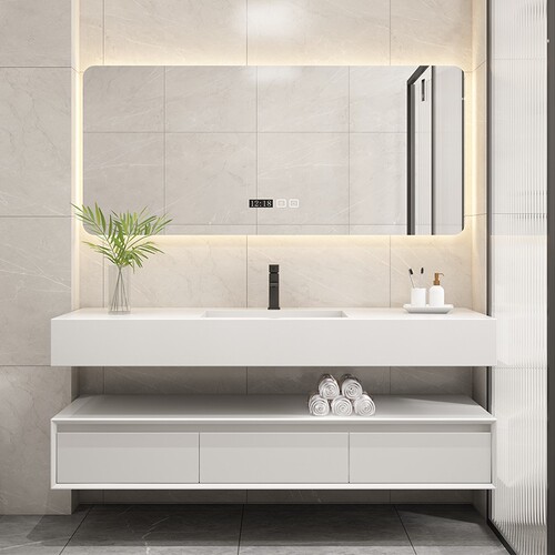 Light Luxury Porcelain Slab Seamless Ceramic Basin Integrated Basin Solid Wood Bathroom Cabinet Combo Washstand & Vanity Set for Bathrooms, Manufacturer-Provided