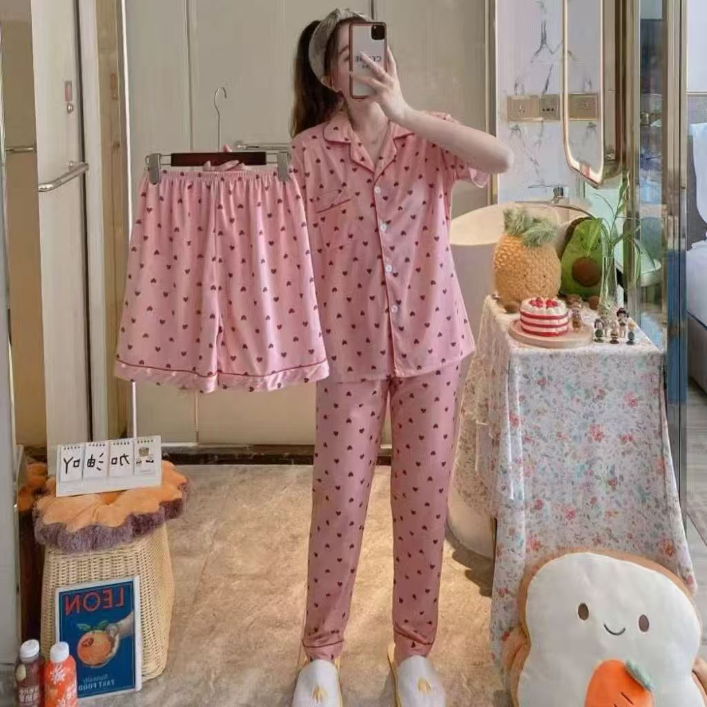 Pijamas de verano de las mujeres delgados pantalones de manga corta cardigan conjunto de tres piezas popular en línea nuevo traje de desgaste de casa de verano image 43