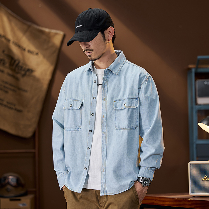 Spring New Loose Plus-Size Denim Shirt for Men, American-Style Workwear with Multiple Pockets, Long-Sleeve Thin Jacket, Trendy Men's Fashion