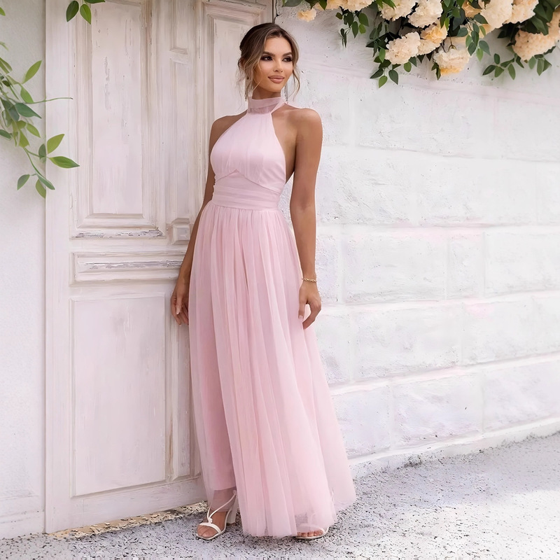 Cross-Border 2024 European and American Elegant Mesh Pure Color Sleeveless Halter Style Pleated Long Skirt Party Formal Wedding Guest Gift