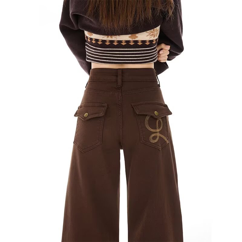 Brown coffee-colored wide-leg jeans for women, summer and autumn 2026 new style, high-waisted, loose, casual, floor-length pants for petite individuals Brown coffee-colored wide-leg jeans for women, summer and autumn 2026 new style, high-waisted, loose, casual, floor-length pants for petite individuals