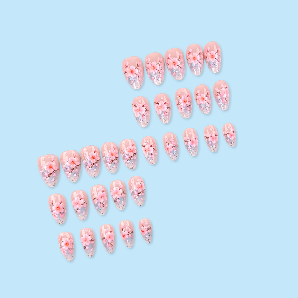 Japón 3D flor de cerezo estereoscópica desgaste de uñas verano hielo transparente azul rosa manicure comercio exterior 30 piezas blanqueamiento manicure falsas lotes mixtos image 4