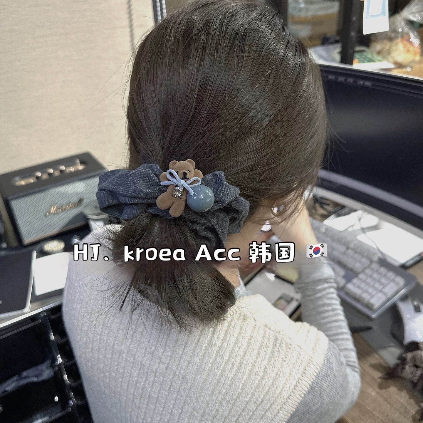 Japanese and Korean Ins Niche Design Autumn and Winter Smoky Gray Plaid Heart Bear Hair Rope Sweet and Cute Ponytail Hair Tie