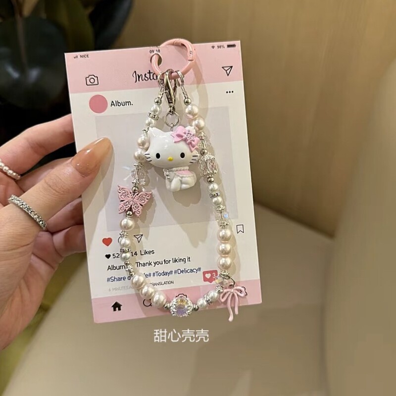 ins风粉色蝴蝶kt猫公仔手机链少女可爱挂链新款链条手工串珠包挂|undefined