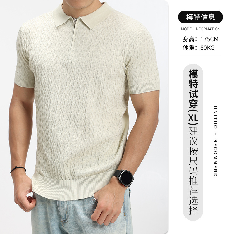 Hombre de negocios casual jersey de malla de punto polo hombre medio cremallera solapa transpirable mangas cortas 2026 nuevo
