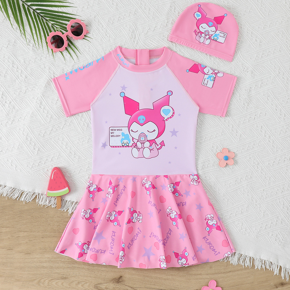 Girls' Swimwear for Children, Princess Kuromi Cartoon One-Piece Quick-Dry Sun-Protective Swimsuit with Swim Cap for Toddlers