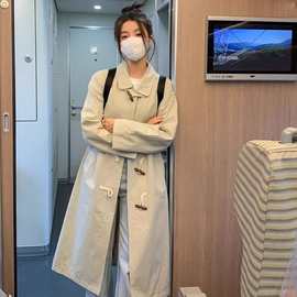 学院风韩系牛角扣中长款外套女装秋冬设计感独特百搭休闲风衣大衣