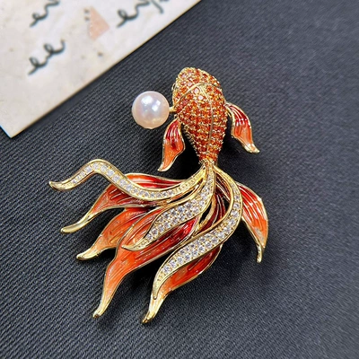 DIY accessories Chinese style koi goldfish brooch enamel copper gold-plated zircon pin pearl corsage empty holder (Yaxa sancaqları) - gold-and-red-accessories-excluding-pearls