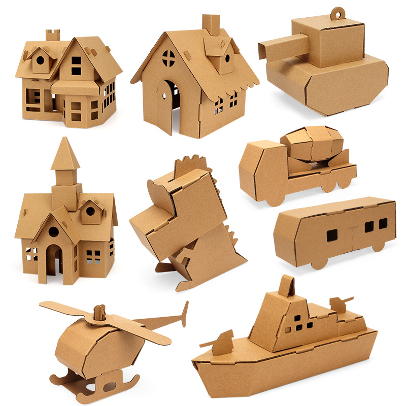 Children's Handmade DIY Cardboard Graffiti Assembled House Model Toys 3D Tank Airplane Car Kindergarten Gifts