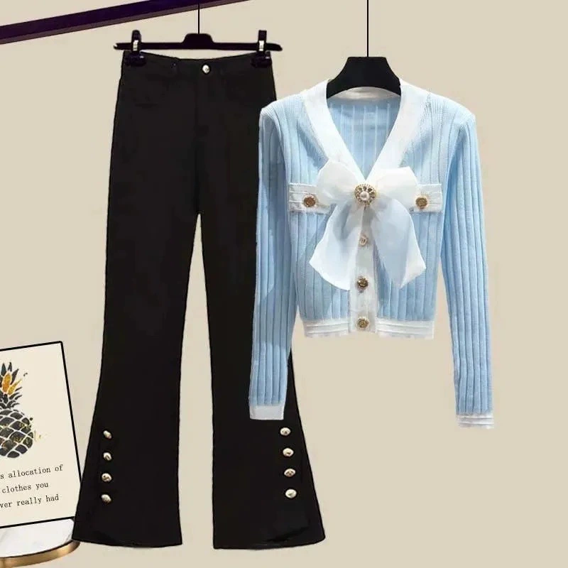 Autumn set, knitted sweater with bow, plus size, Chanel style