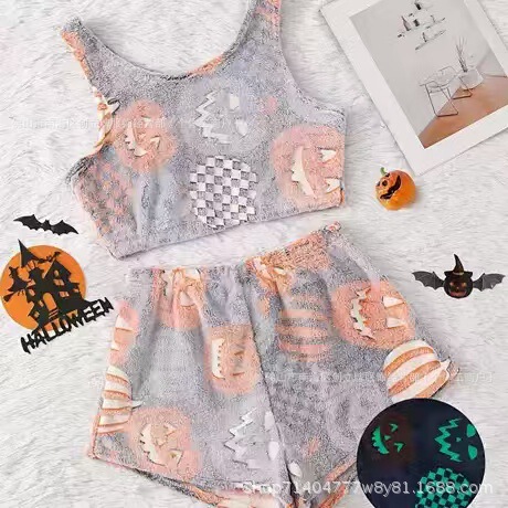 外国貿易ハロウィーン夜光フランネルパジャマ女性秋冬ベルベット保温レジャー家庭セット落書き発光ズボン|undefined