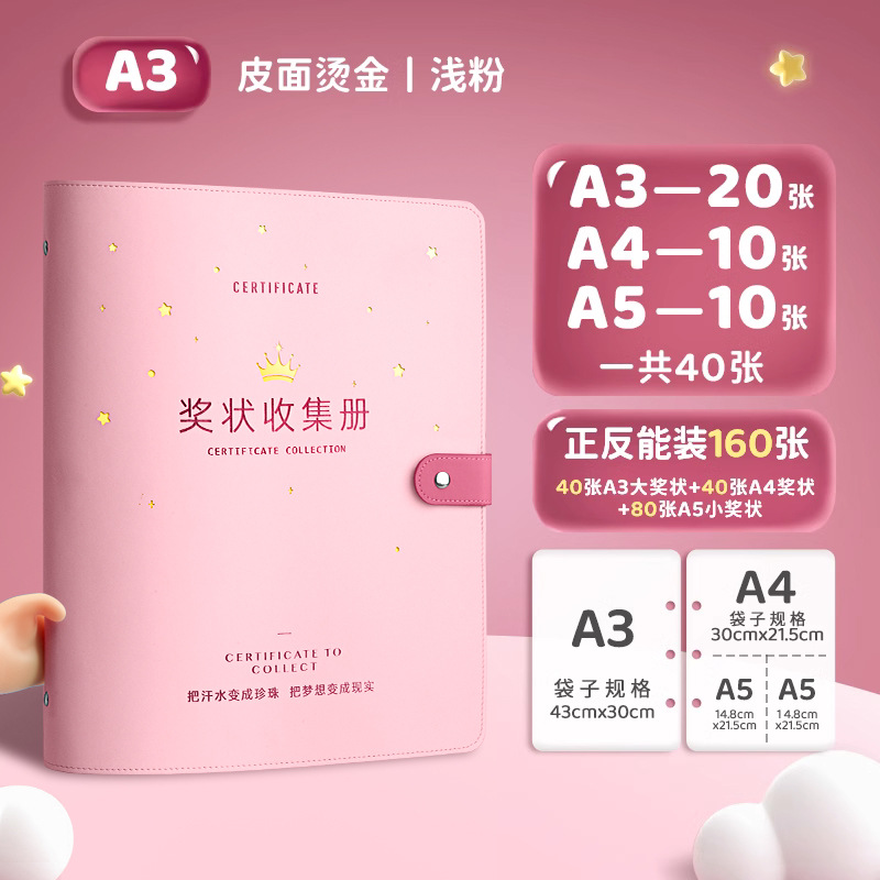 [대형 증명서 필수 - A3 라이트핑크] A5+A4+A3/160장