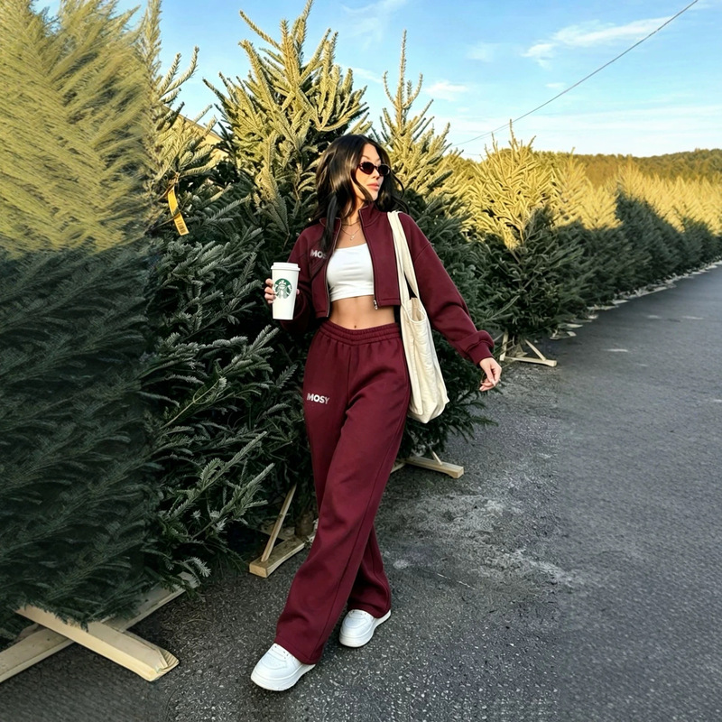 Hot-Selling New American-Style Women's Sports Letter-Print Short Zip-Up Top and Straight-Leg Casual Pants in Europe, America, and Russia