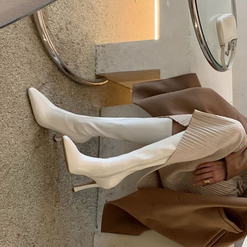Simone Lainer Soft Leather Pointed-Toe Stiletto High-Heeled Boots for Women, White Over-The-Knee Boots, Slim Elastic Boots for Petite Figures
