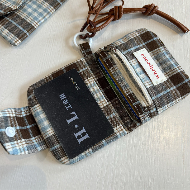 New vintage plaid pendable small fresh card bag multi-layer coin purse canvas earphone bag storage bag carry-on bag