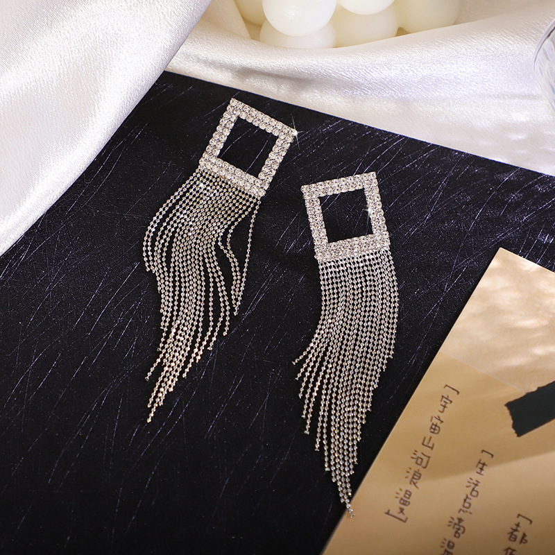 Artificial Gemstones Inlay Material South Korea New Long Tassel Rhinestone Exaggerated Earrings Personality Fashion Round Bead Earrings