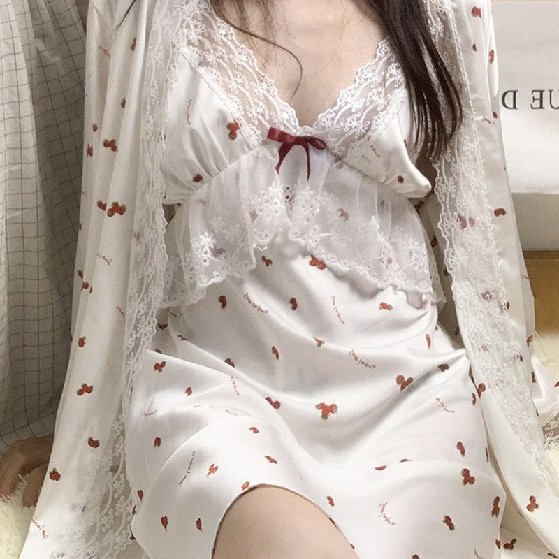 Strawberry Print Ice Silk Nightgown Two-piece Set Sexy Lace Sling Pajamas Set Women's Loose Comfortable Home Clothes