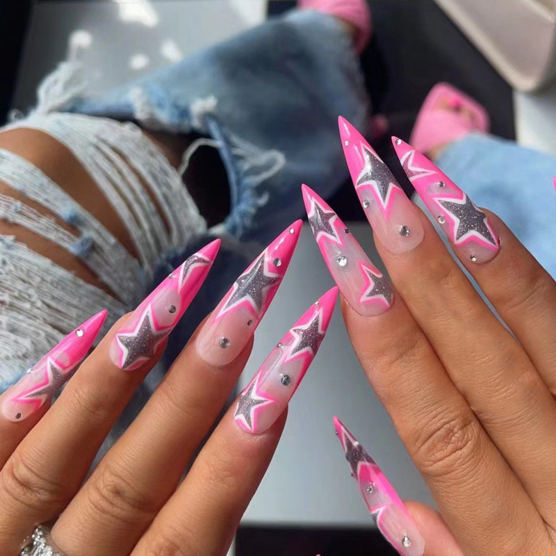 Foreign trade hot selling long pointed wearable armour European and American cross-border French Barbie powder glitter five-angle wearable fake nails