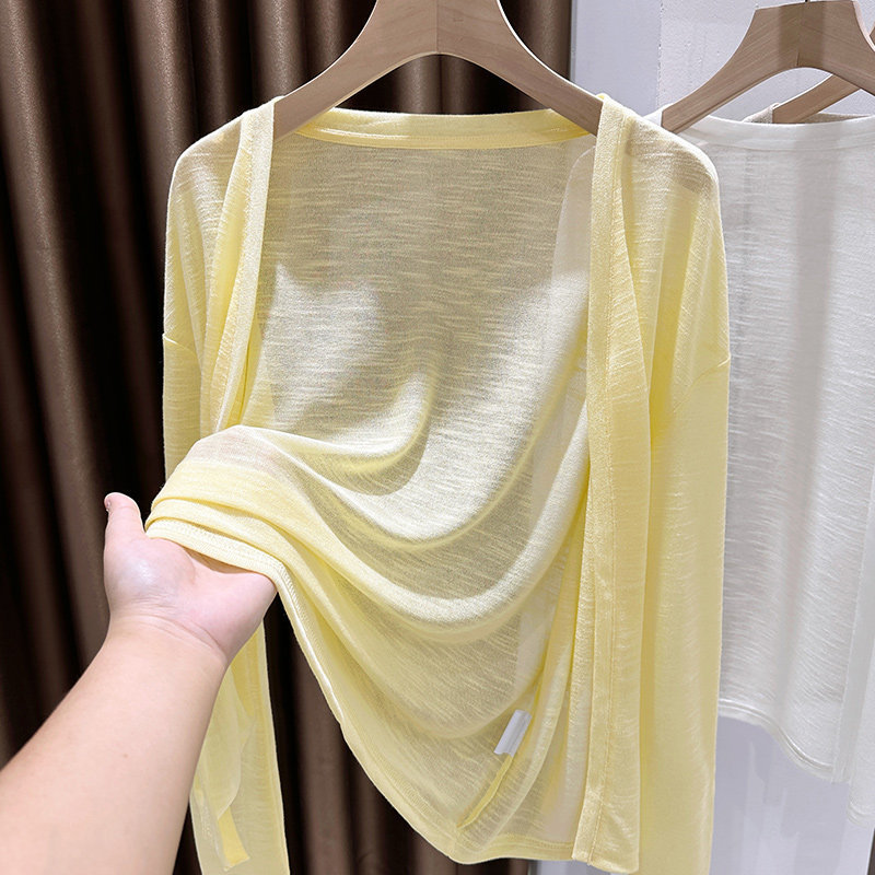 White Thin Ice Silk Cotton Long-Sleeve Cardigan for Women, Summer and Autumn, Plus-Size Shawl, Sun Protection Cover-Up, Simple Knit Top